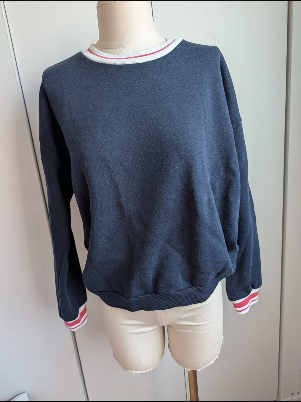 Classic Navy Women's Crewneck Sweater with Stripe Trim